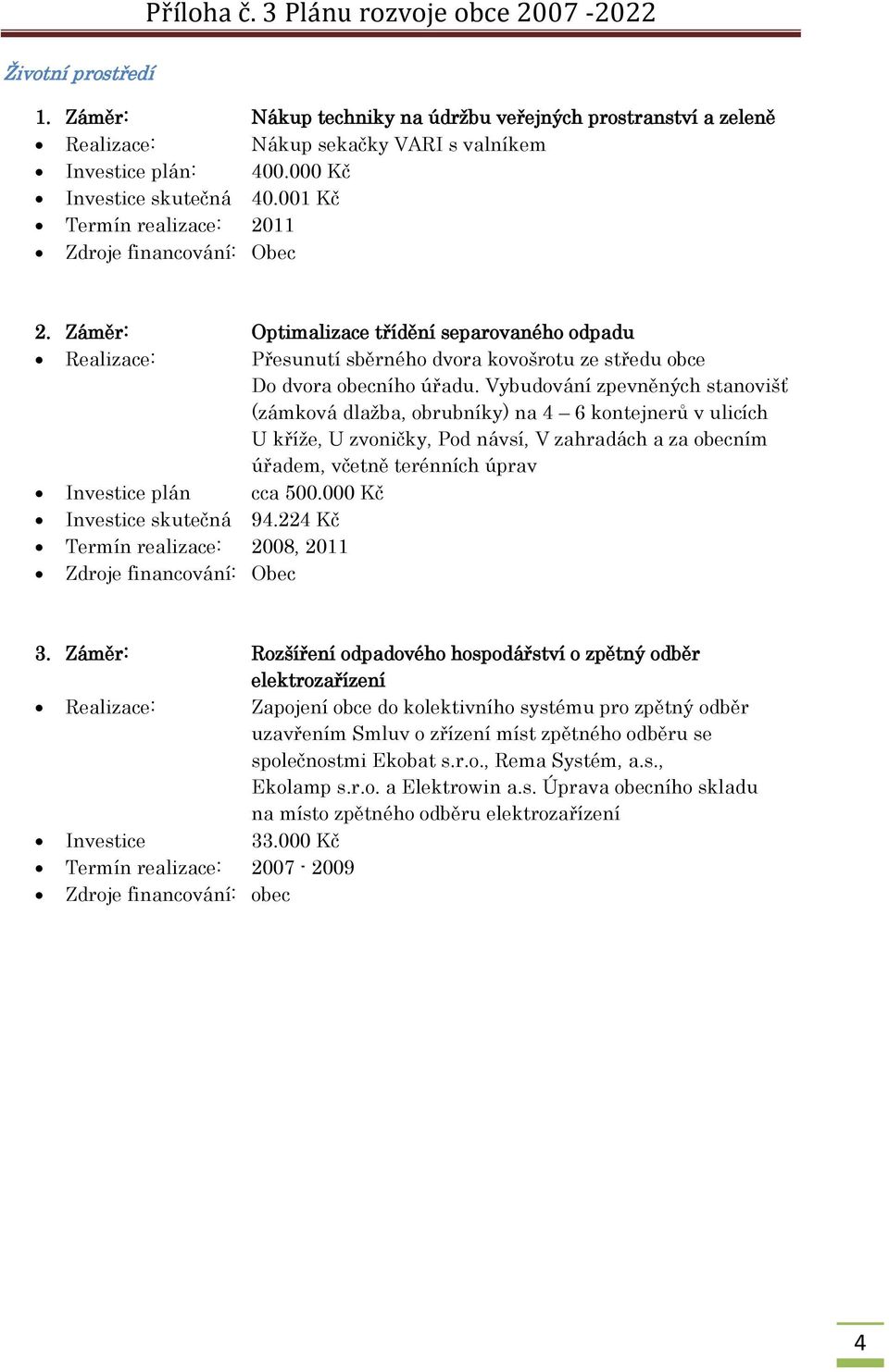 Vybudování zpevněných stanovišť (zámková dlažba, obrubníky) na 4 6 kontejnerů v ulicích U kříže, U zvoničky, Pod návsí, V zahradách a za obecním úřadem, včetně terénních úprav Investice plán cca 500.