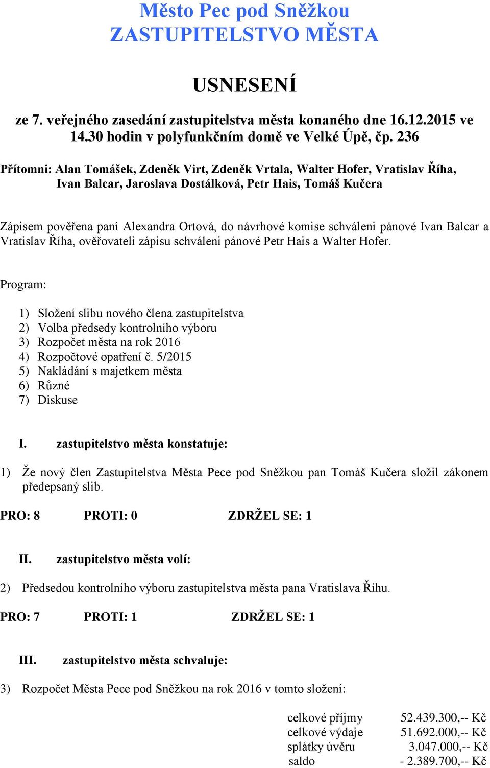 komise schváleni pánové Ivan Balcar a Vratislav Říha, ověřovateli zápisu schváleni pánové Petr Hais a Walter Hofer.