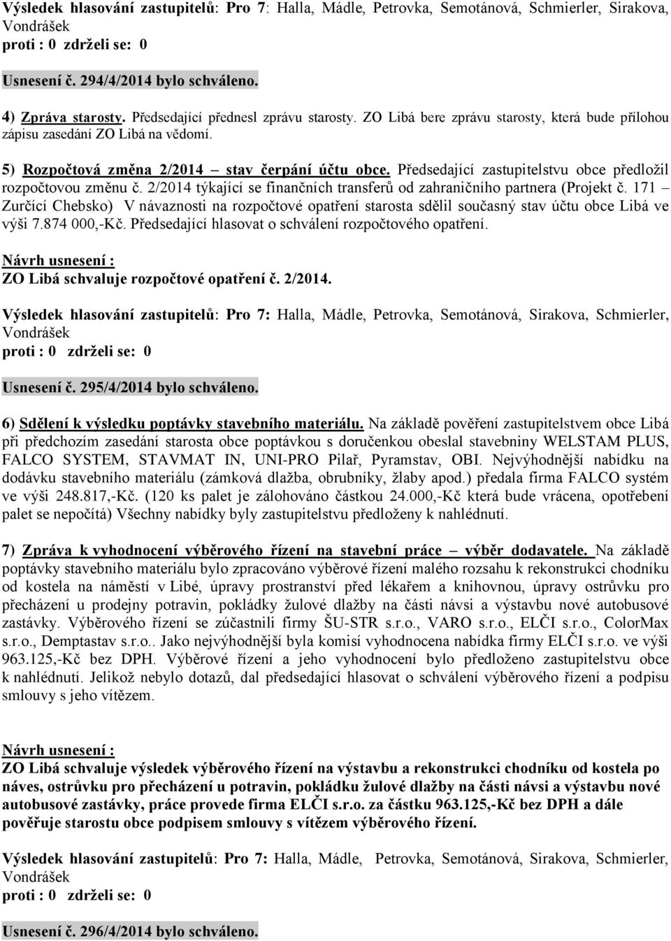 2/2014 týkající se finančních transferů od zahraničního partnera (Projekt č. 171 Zurčící Chebsko) V návaznosti na rozpočtové opatření starosta sdělil současný stav účtu obce Libá ve výši 7.