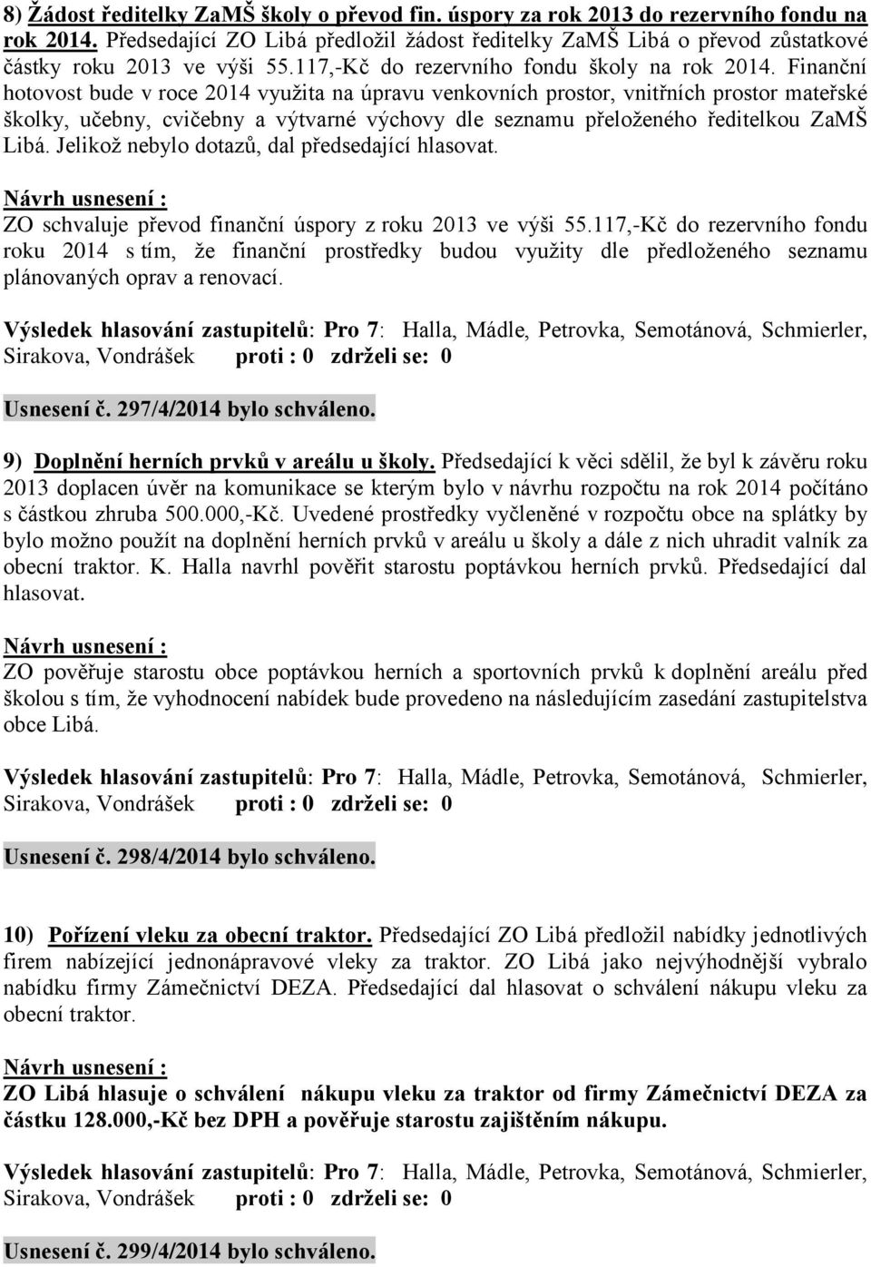 Finanční hotovost bude v roce 2014 vyuţita na úpravu venkovních prostor, vnitřních prostor mateřské školky, učebny, cvičebny a výtvarné výchovy dle seznamu přeloţeného ředitelkou ZaMŠ Libá.