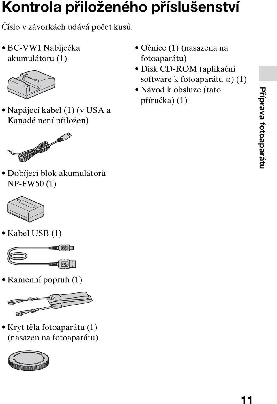 NP-FW50 (1) Očnice (1) (nasazena na fotoaparátu) Disk CD-ROM (aplikační software k fotoaparátu α) (1) Návod k