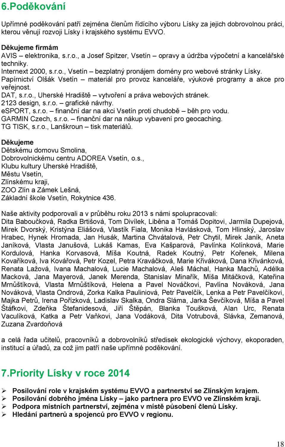 2123 design, s.r.o. grafické návrhy. esport, s.r.o. finanční dar na akci Vsetín proti chudobě běh pro vodu. GARMIN Czech, s.r.o. finanční dar na nákup vybavení pro geocaching. TG TISK, s.r.o., Lanškroun tisk materiálů.