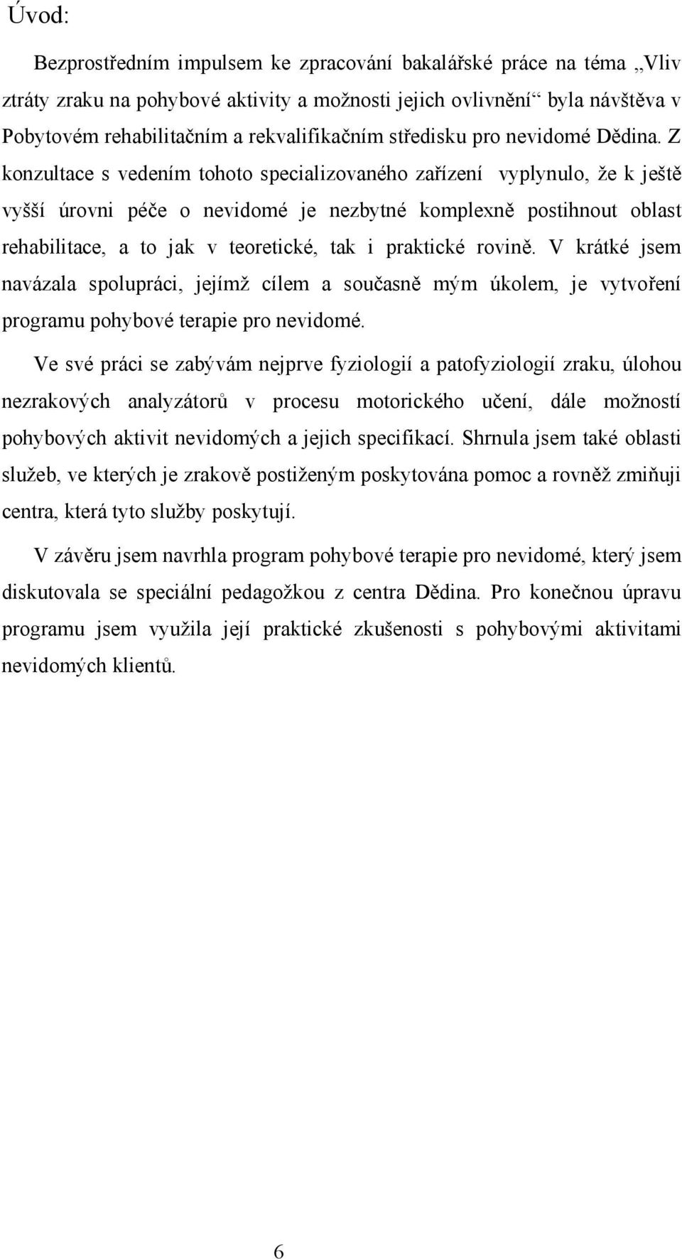 Z konzultace s vedením tohoto specializovaného zařízení vyplynulo, že k ještě vyšší úrovni péče o nevidomé je nezbytné komplexně postihnout oblast rehabilitace, a to jak v teoretické, tak i praktické