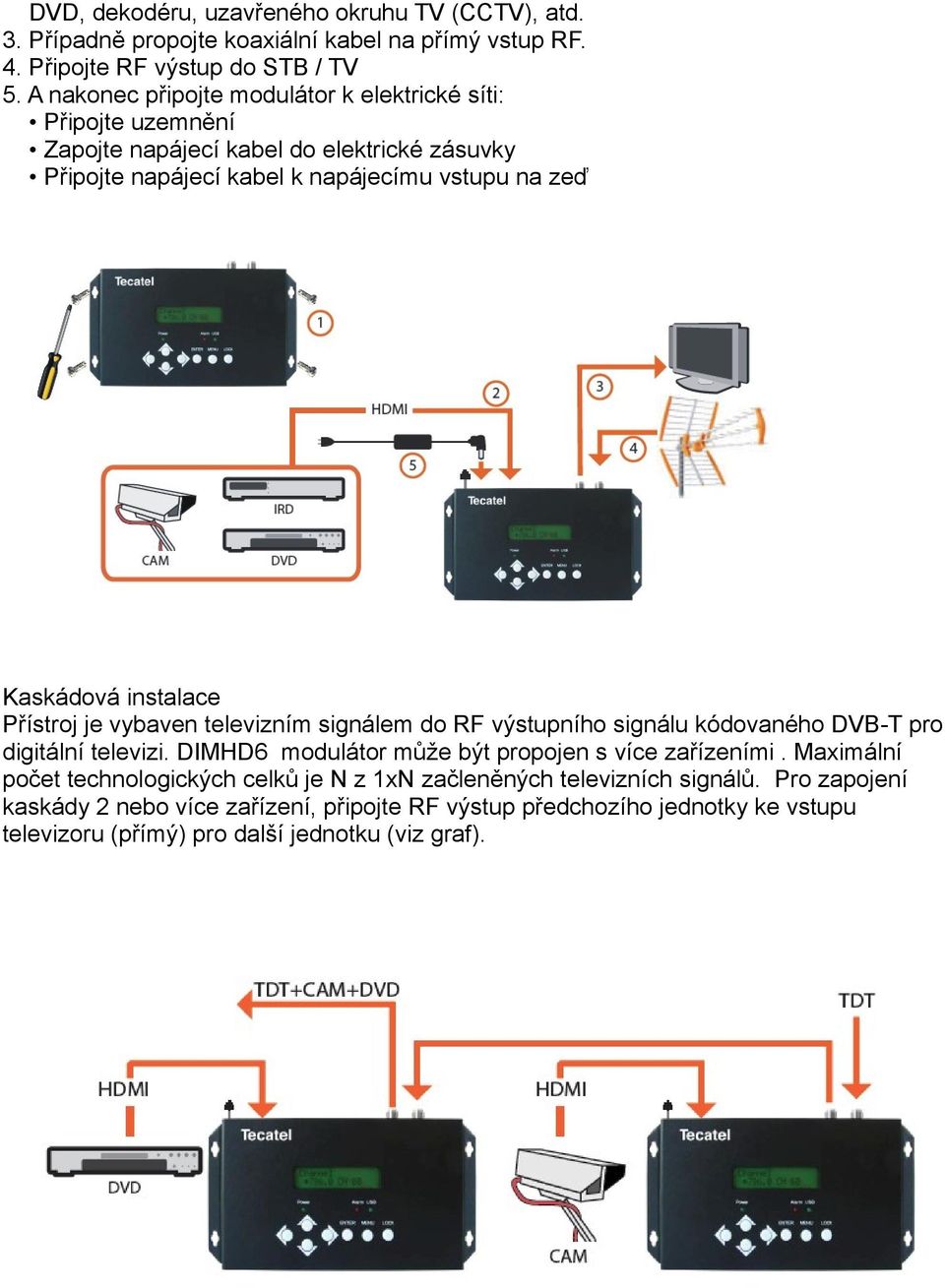 instalace Přístroj je vybaven televizním signálem do RF výstupního signálu kódovaného DVB-T pro digitální televizi. DIMHD6 modulátor může být propojen s více zařízeními.