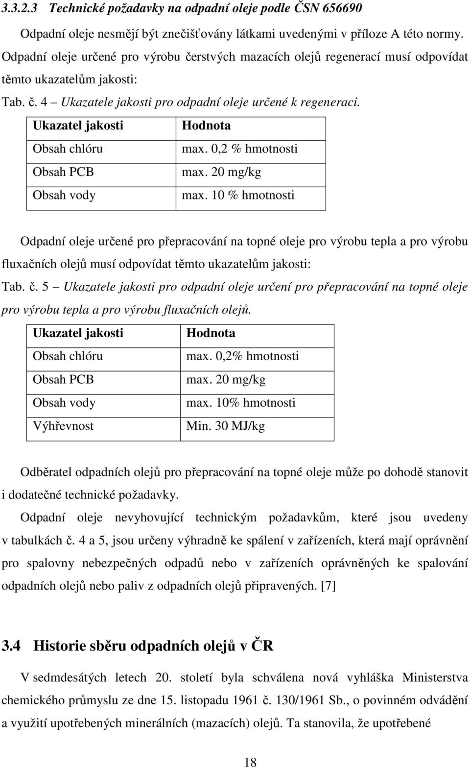 Ukazatel jakosti Hodnota Obsah chlóru max. 0,2 % hmotnosti Obsah PCB max. 20 mg/kg Obsah vody max.