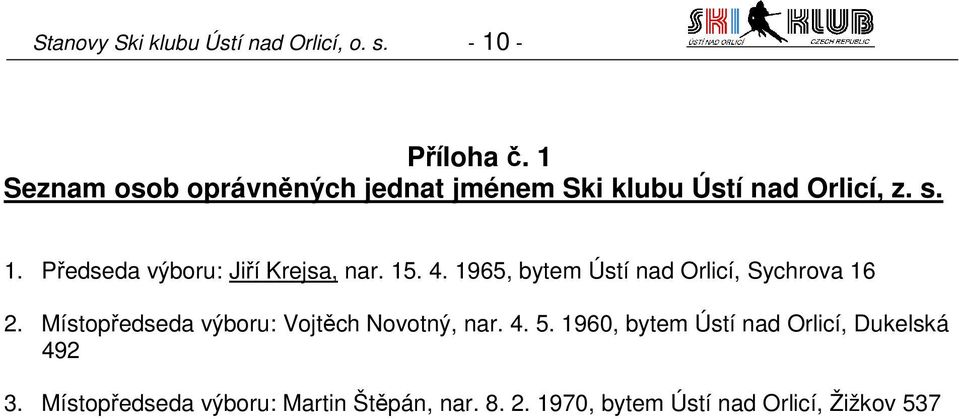 Předseda výboru: Jiří Krejsa, nar. 15. 4. 1965, bytem Ústí nad Orlicí, Sychrova 16 2.