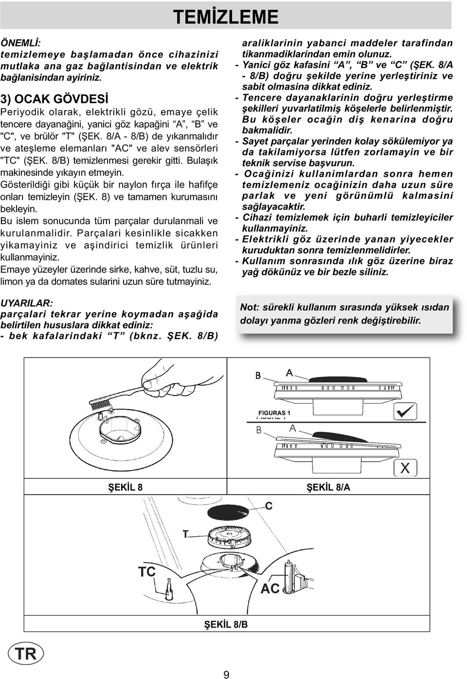 8/A - 8/B) de yıkanmalıdır ve ateşleme elemanları "AC" ve alev sensörleri "TC" ( EK. 8/B) temizlenmesi gerekir gitti. Bulaşık makinesinde yıkayın etmeyin.