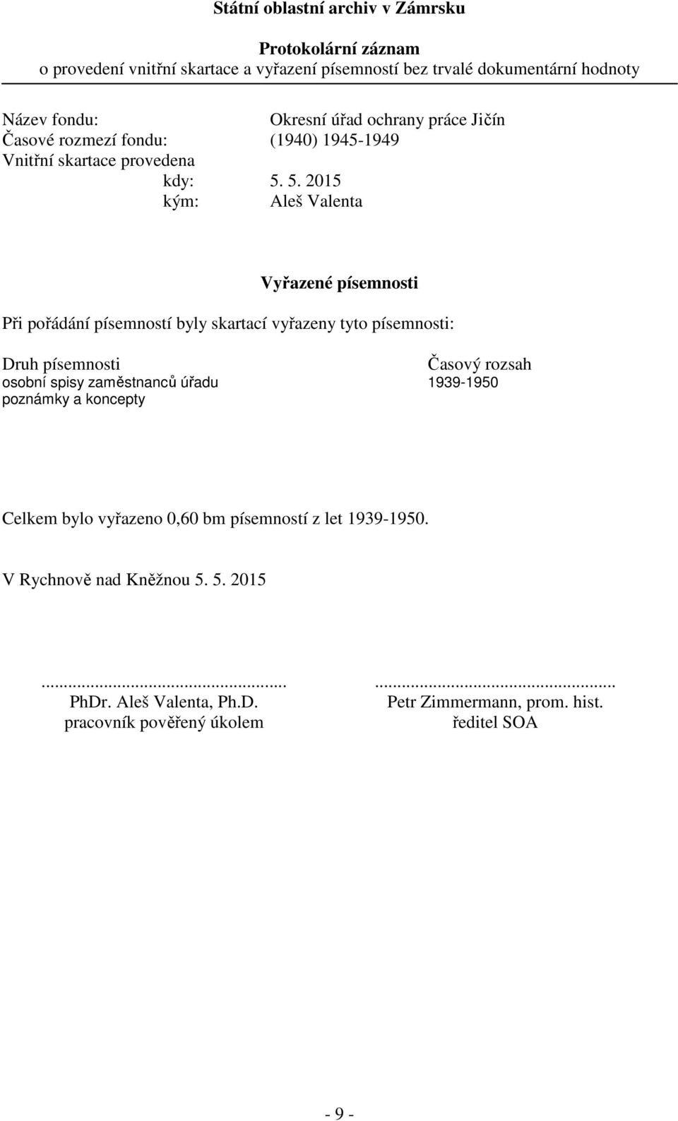 5. 2015 kým: Aleš Valenta Vyřazené písemnosti Při pořádání písemností byly skartací vyřazeny tyto písemnosti: Druh písemnosti Časový rozsah osobní spisy