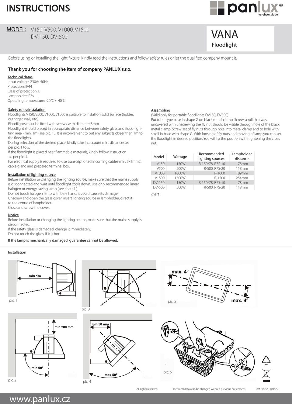 Lampholder: R7s Operating temperature: -20 C ~ 40 C Safety rules/instalation Floodlights,,, is suitable to install on solid surface (holder, outrigger, wall, etc.