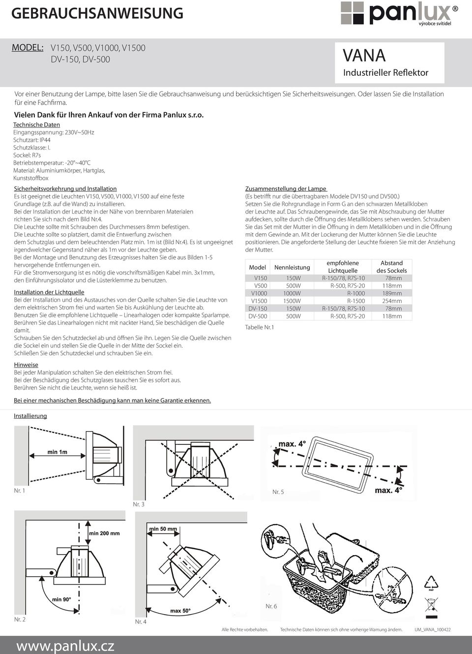 Sockel: R7s Betriebstemperatur: -20 ~40 C Material: Aluminiumkörper, Hartglas, Kunststoffbox Sicherheitsvorkehrung und Installation Es ist geeignet die Leuchten,,, auf eine feste Grundlage (z.b. auf die Wand) zu installieren.