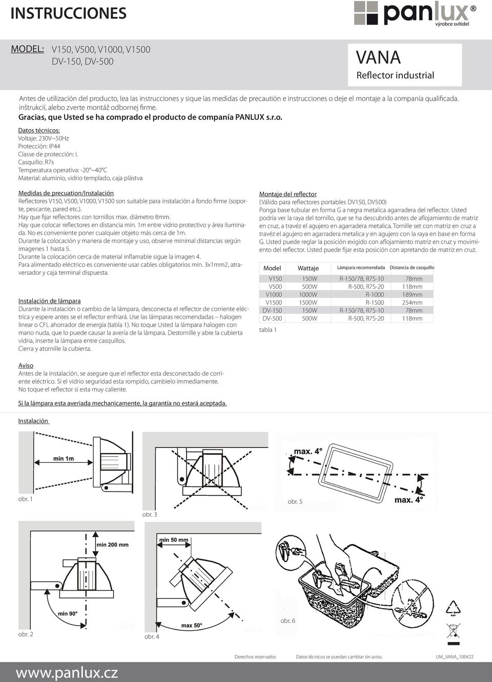 Casquillo: R7s Temperatura operativa: -20 ~40 C Material: aluminio, vidrio templado, caja plástva Medidas de precuation/instalación Reflectores,,, son suitable para instalación a fondo firme