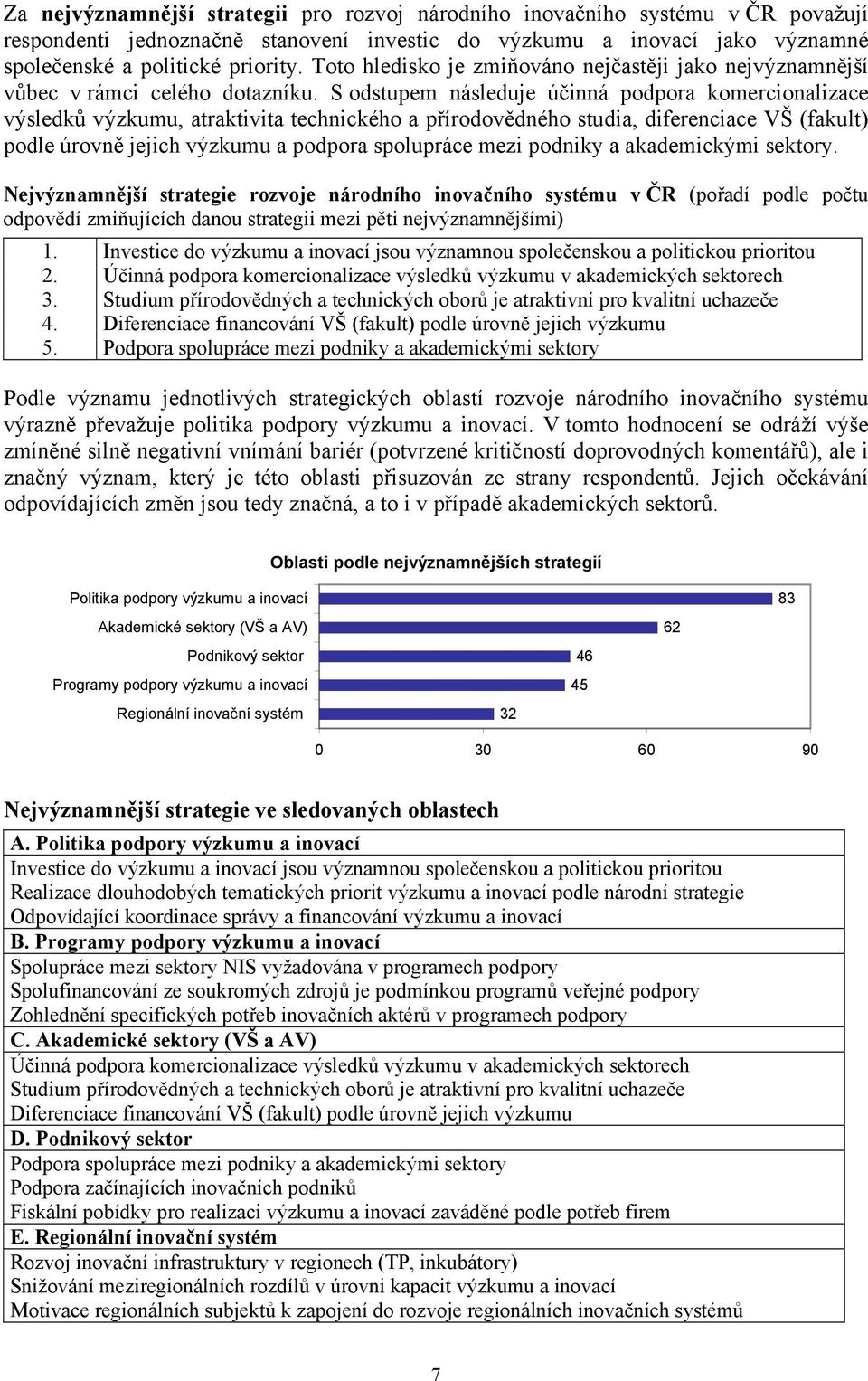 S odstupem následuje účinná podpora komercionalizace výsledků výzkumu, atraktivita technického a přírodovědného studia, diferenciace VŠ (fakult) podle úrovně jejich výzkumu a podpora spolupráce mezi