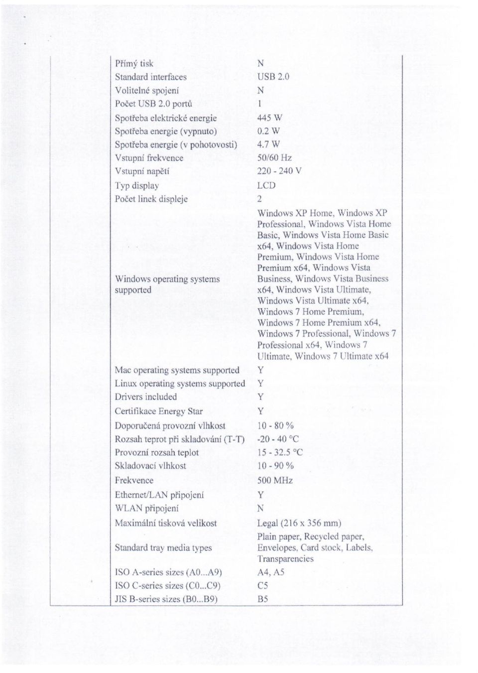 operating sstems supported Linu>: operating sstems supported Drivers included Certifikace Energ Star Doporučená provozní vlhkost Rozsah teprot při skladování (T -T) Provozní rozsah teplot Skladovací