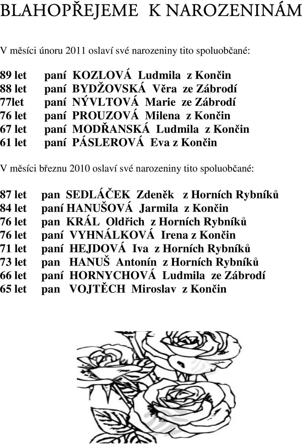 narozeniny tito spoluobčané: 87 let pan SEDLÁČEK Zdeněk z Horních Rybníků 84 let paní HANUŠOVÁ Jarmila z Končin 76 let pan KRÁL Oldřich z Horních Rybníků 76 let paní