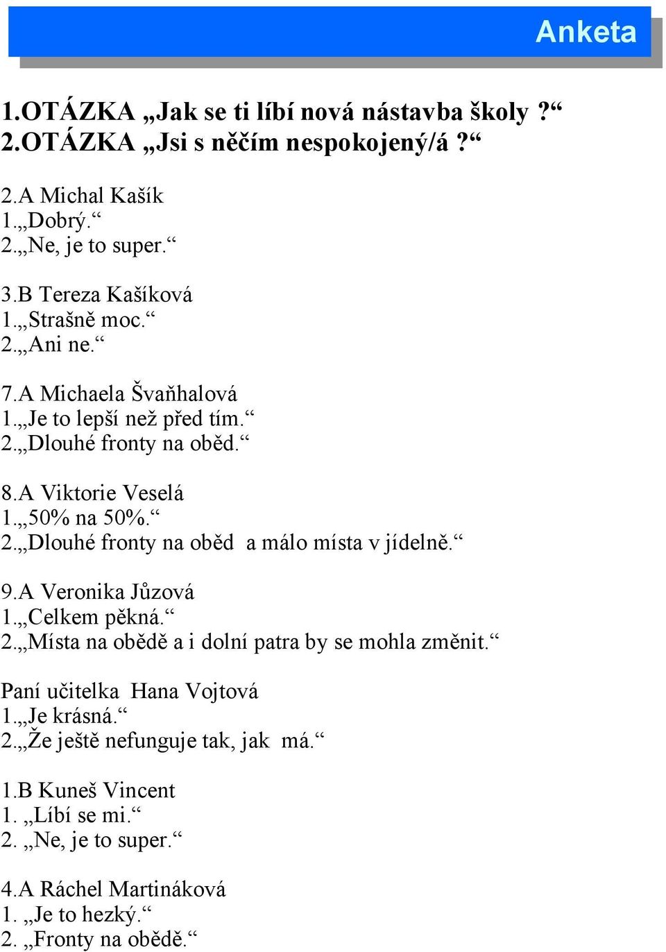 50% na 50%. 2. Dlouhé fronty na oběd a málo místa v jídelně. 9.A Veronika Jůzová 1. Celkem pěkná. 2. Místa na obědě a i dolní patra by se mohla změnit.