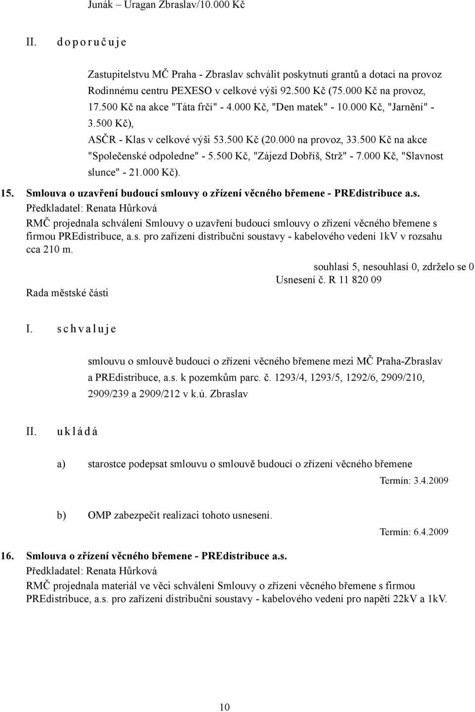 500 Kč na akce "Společenské odpoledne" - 5.500 Kč, "Zájezd Dobříš, Strž" - 7.000 Kč, "Slavnost slunce" - 21.000 Kč). 15. Smlouva o uzavření budoucí smlouvy o zřízení věcného břemene - PREdistribuce a.