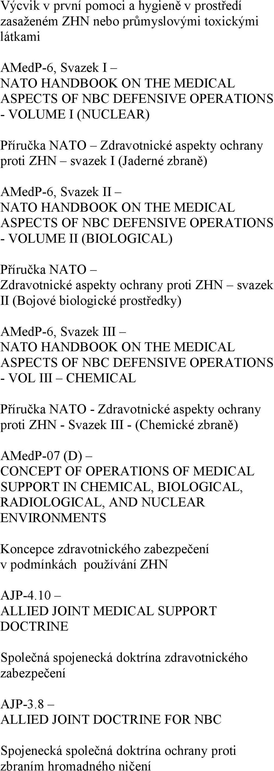 ZHN - Svazek III - (Chemické zbraně) AMedP-07 (D) CONCEPT OF OPERATIONS OF MEDICAL SUPPORT IN CHEMICAL, BIOLOGICAL, RADIOLOGICAL, AND NUCLEAR ENVIRONMENTS Koncepce zdravotnického zabezpečení v