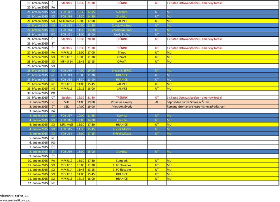 březen 2015 NE FCB U14 11:30 13:00 Zbrojovka Brno UT MU 23. březen 2015 PO FCB U21 13:00 15:00 Dukla Praha UT MU 24.