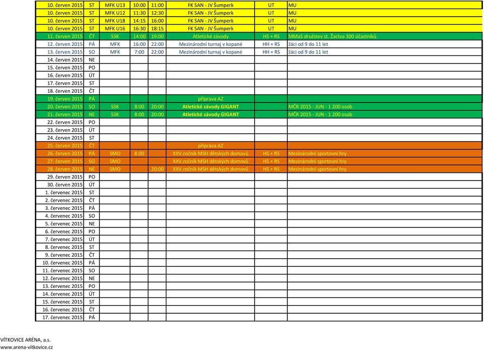 červen 2015 ČT SSK 14:00 19:00 Atletické závody HS + RS MMaS družstev st. Žactva 300 účastníků 12. červen 2015 PÁ MFK 16:00 22:00 Mezinárodní turnaj v kopané HH + RS žáci od 9 do 11 let 13.