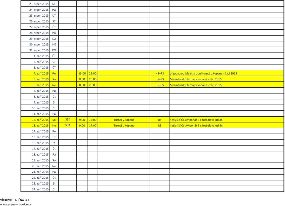 září 2015 Ne 8:00 20:00 HS+RS Mezinárodní turnaj v kopané - žáci 2015 7. září 2015 Po 8. září 2015 Út 9. září 2015 St 10. září 2015 Čt 11. září 2015 Pá 12.