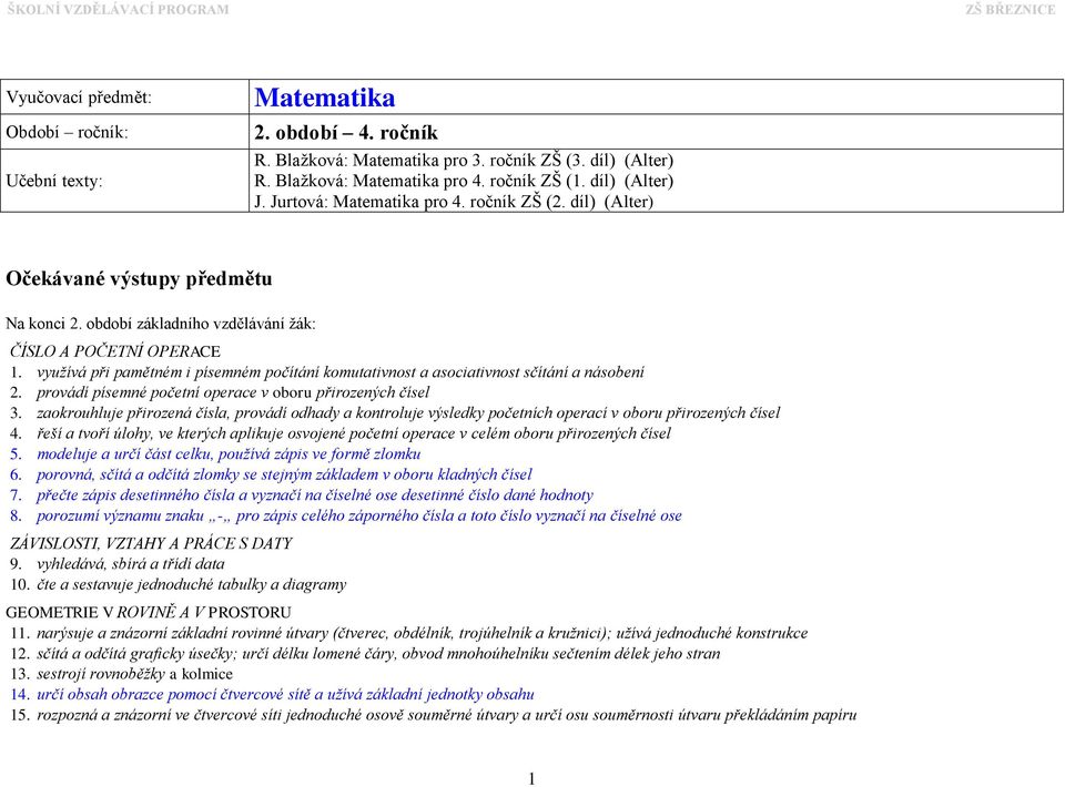využívá při pamětném i písemném počítání komutativnost a asociativnost sčítání a násobení 2. provádí písemné početní operace v oboru přirozených čísel 3.