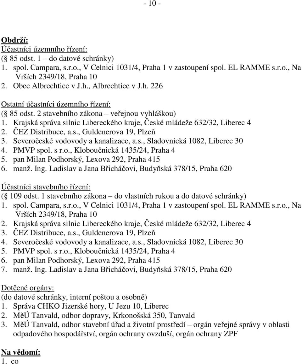 Krajská správa silnic Libereckého kraje, České mládeže 632/32, Liberec 4 2. ČEZ Distribuce, a.s., Guldenerova 19, Plzeň 3. Severočeské vodovody a kanalizace, a.s., Sladovnická 1082, Liberec 30 4.