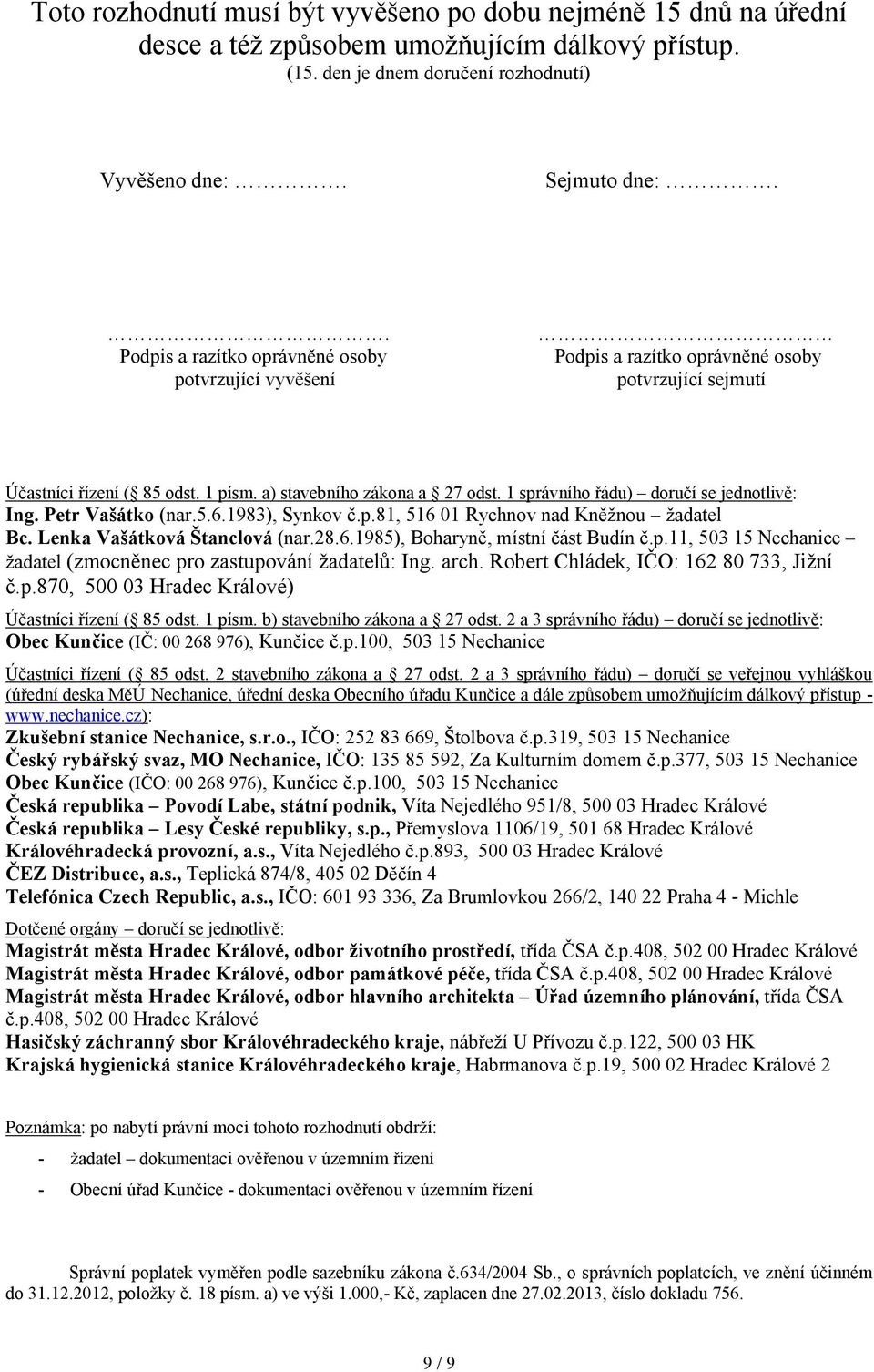 1 správního řádu) doručí se jednotlivě: Ing. Petr Vašátko (nar.5.6.1983), Synkov č.p.81, 516 01 Rychnov nad Kněžnou žadatel Bc. Lenka Vašátková Štanclová (nar.28.6.1985), Boharyně, místní část Budín č.