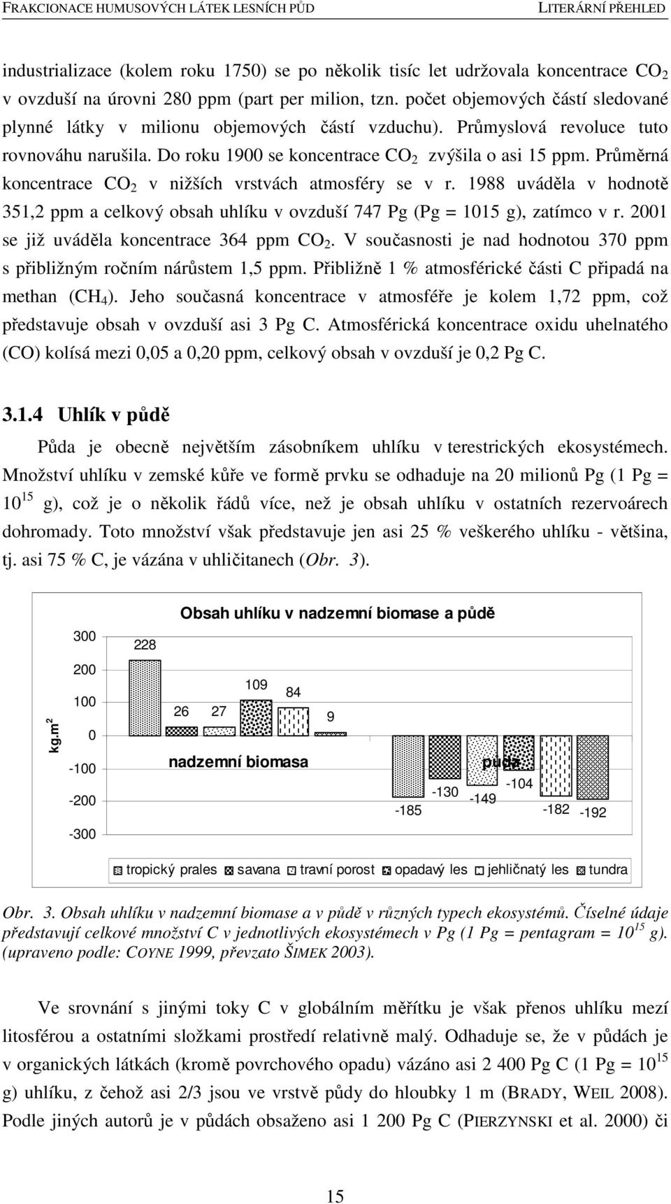 Průměrná koncentrace CO 2 v nižších vrstvách atmosféry se v r. 1988 uváděla v hodnotě 351,2 ppm a celkový obsah uhlíku v ovzduší 747 Pg (Pg = 1015 g), zatímco v r.