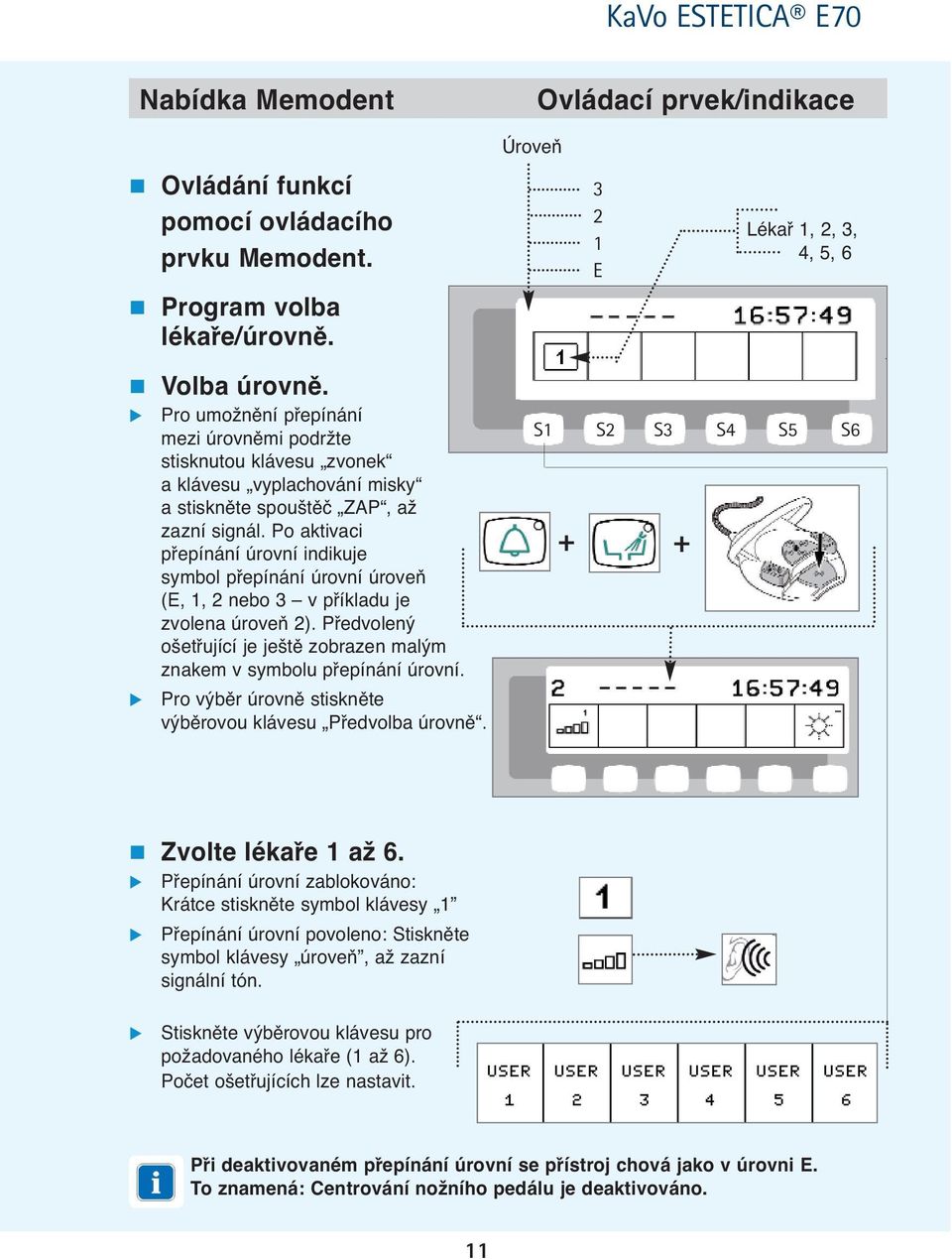 Po aktivaci přepínání úrovní indikuje symbol přepínání úrovní úroveň (E, 1, 2 nebo 3 v příkladu je zvolena úroveň 2). Předvolený ošetřující je ještě zobrazen malým znakem v symbolu přepínání úrovní.