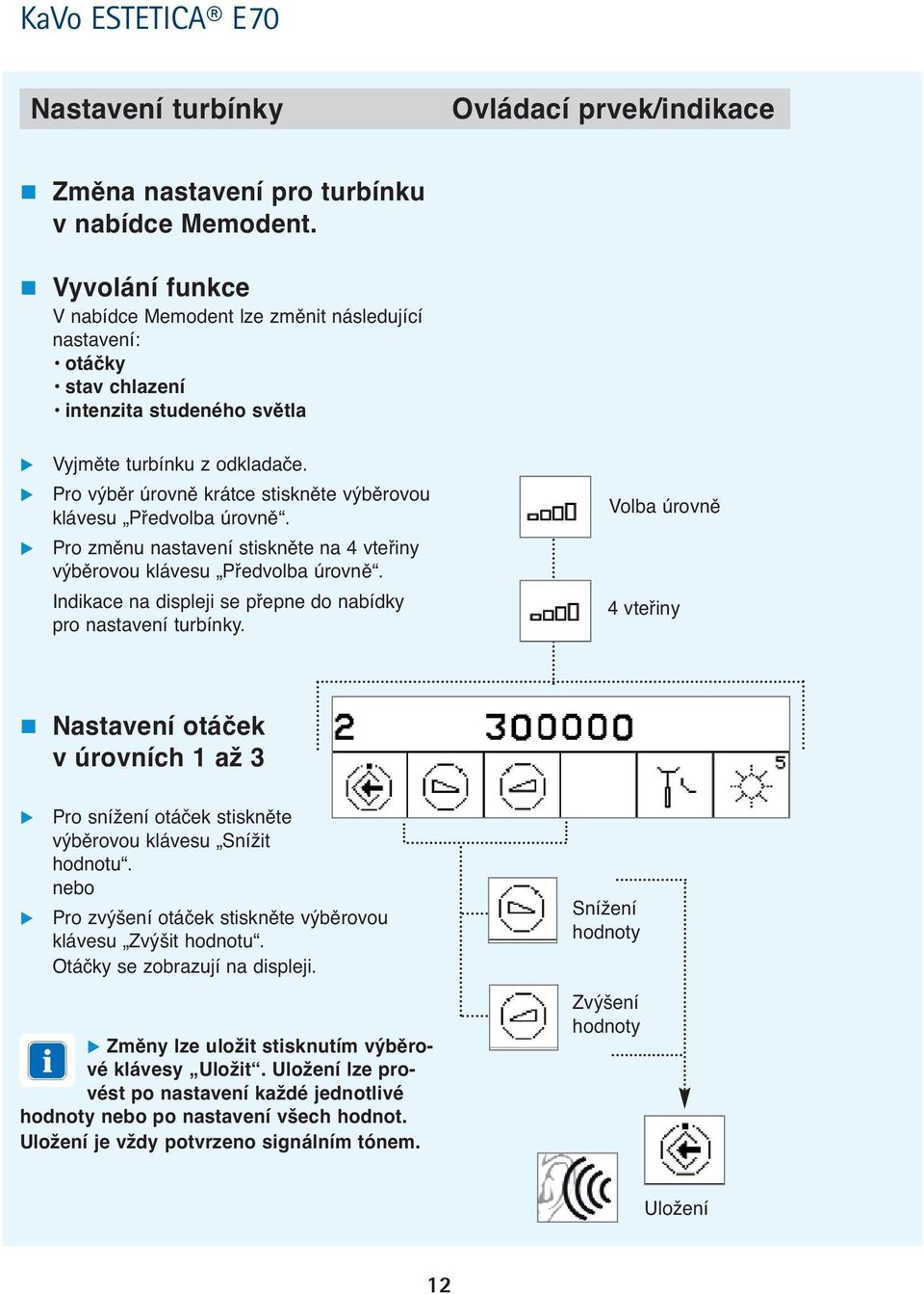 Pro výběr úrovně krátce stiskněte výběrovou klávesu Předvolba úrovně. Pro změnu nastavení stiskněte na 4 vteřiny výběrovou klávesu Předvolba úrovně.