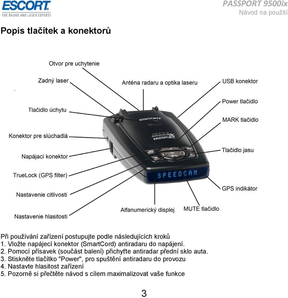 Pomocí přísavek (součást balení) přichyťte antiradar přední sklo auta. 3.