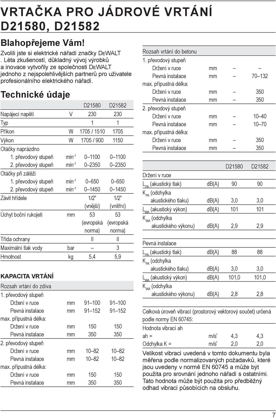 Technické údaje D21580 D21582 Napájecí napětí V 230 230 Typ 1 1 Příkon W 1705 / 1510 1705 Výkon W 1705 / 900 1150 Otáčky naprázdno 1. převodový stupeň min -1 0 1100 0 1100 2.