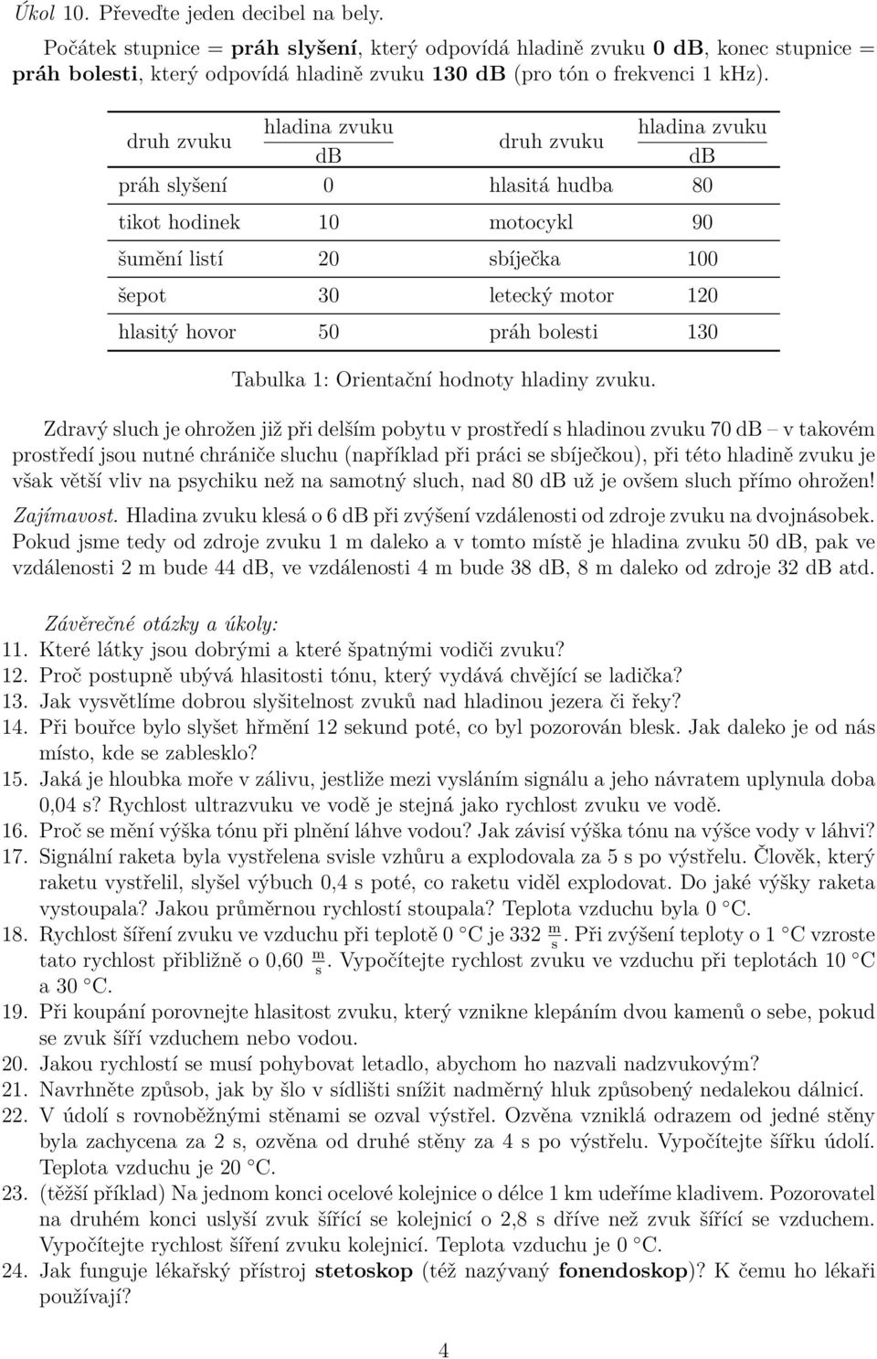 hladina zvuku hladina zvuku druh zvuku druh zvuku db db práh slyšení 0 hlasitá hudba 80 tikot hodinek 10 motocykl 90 šumění listí 20 sbíječka 100 šepot 30 letecký motor 120 hlasitý hovor 50 práh