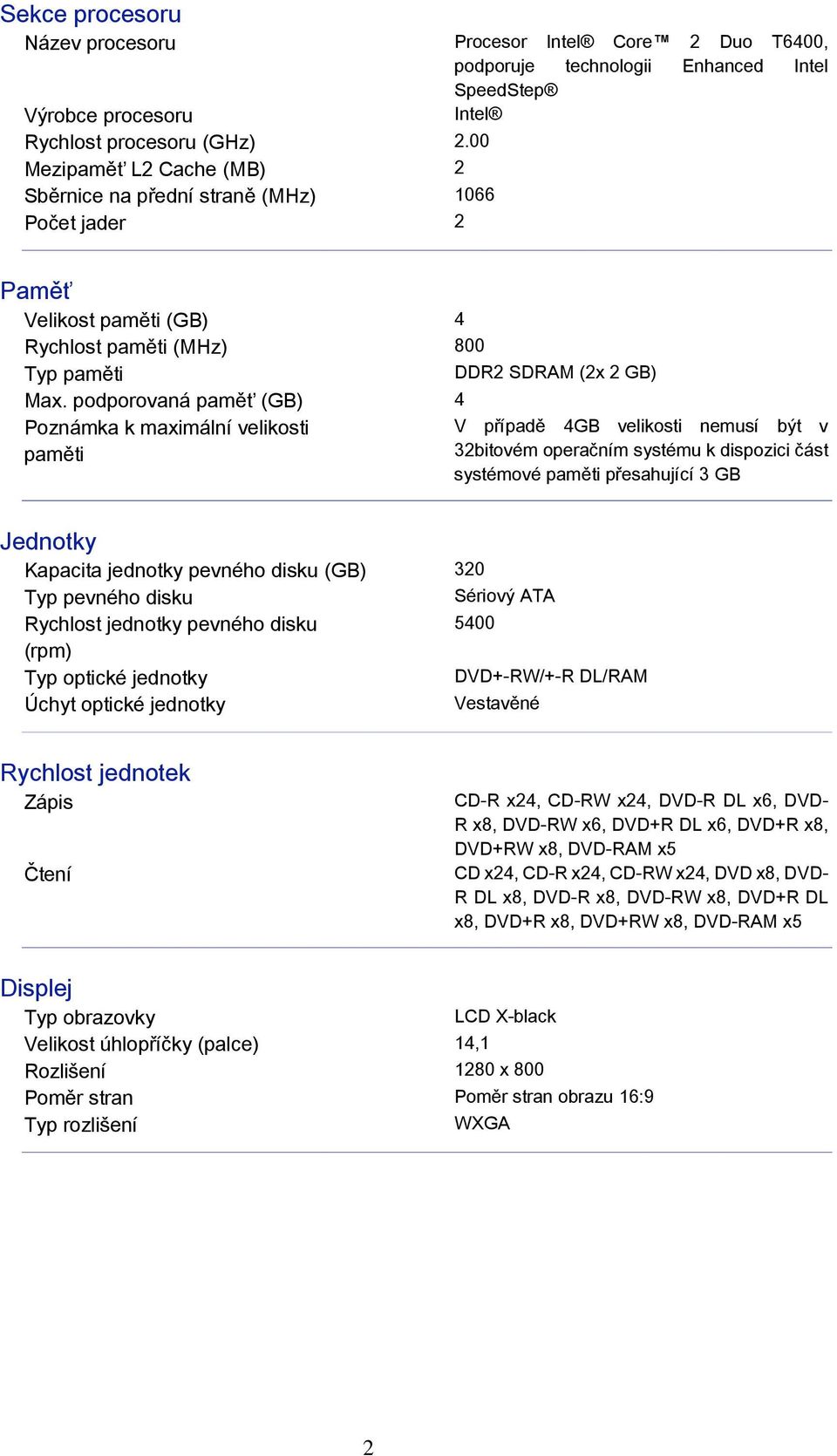 podporovaná paměť (GB) 4 Poznámka k maximální velikosti paměti V případě 4GB velikosti nemusí být v 32bitovém operačním systému k dispozici část systémové paměti přesahující 3 GB Jednotky Kapacita