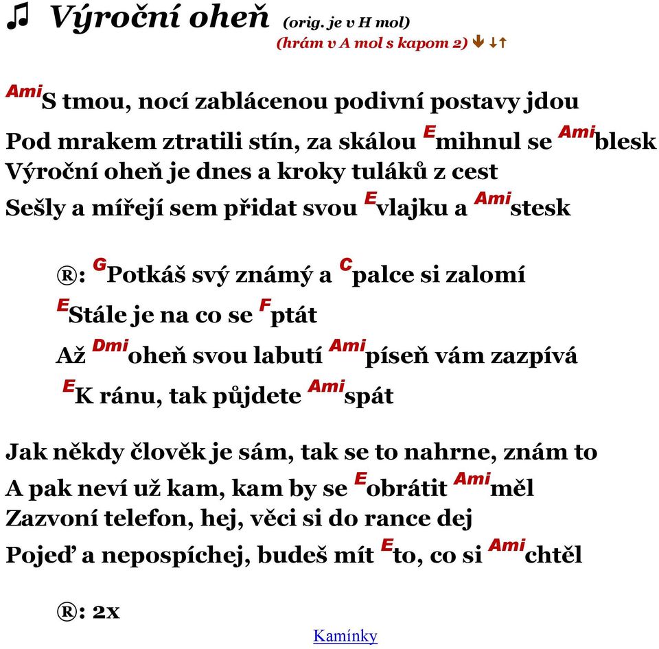 Výroční oheň je dnes a kroky tuláků z cest Sešly a mířejí sem přidat svou E vlajku a Ami stesk G Potkáš svý známý a C palce si zalomí E F Stále je na