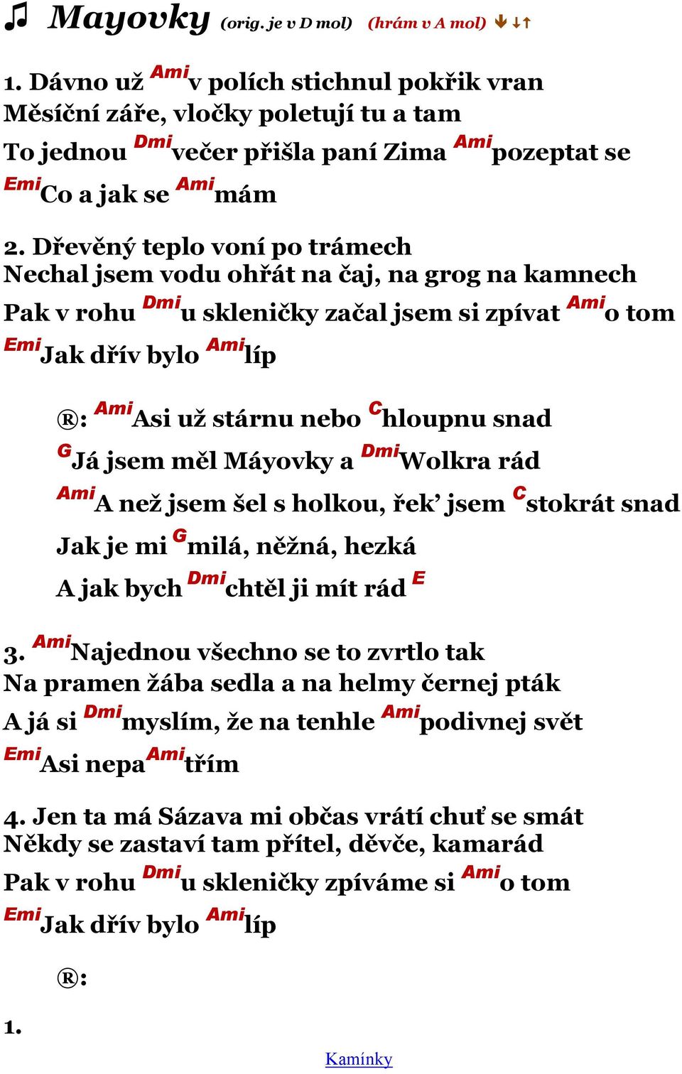 Dřevěný teplo voní po trámech Nechal jsem vodu ohřát na čaj, na grog na kamnech Pak v rohu Dmi u skleničky začal jsem si zpívat Ami o tom Emi Jak dřív bylo Ami líp Ami Asi uţ stárnu nebo C hloupnu