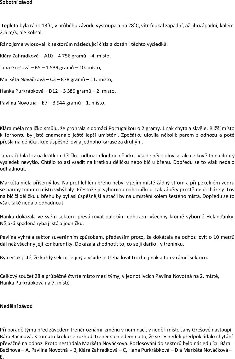 místo, Hanka Purkrábková D12 3 389 gramů 2. místo, Pavlína Novotná E7 3 944 gramů 1. místo. Klára měla maličko smůlu, že prohrála s domácí Portugalkou o 2 gramy. Jinak chytala skvěle.