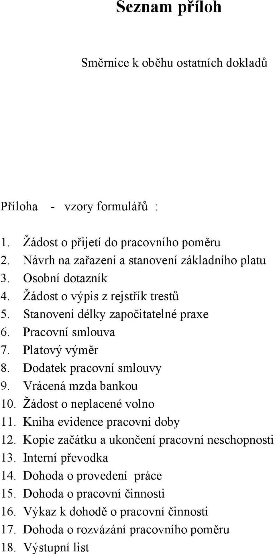 Pracovní smlouva 7. Platový výměr 8. Dodatek pracovní smlouvy 9. Vrácená mzda bankou 10. Žádost o neplacené volno 11. Kniha evidence pracovní doby 12.