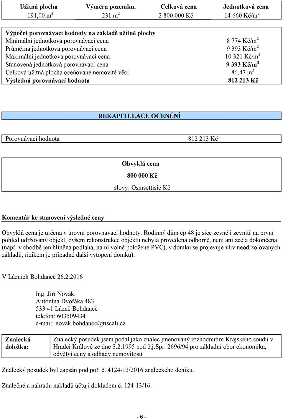 porovnávací cena 9393 Kč/m 2 Maximální jednotková porovnávací cena 10321 Kč/m 2 Stanovená jednotková porovnávací cena 9393 Kč/m 2 Celková užitná plocha oceňované nemovité věci 86,47 m 2 Výsledná