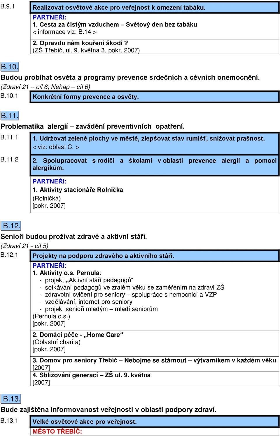 Problematika alergií zavádění preventivních opatření. B.11.1 1. Udržovat zelené plochy ve městě, zlepšovat stav rumišť, snižovat prašnost. < viz: oblast C. > B.11.2 2.