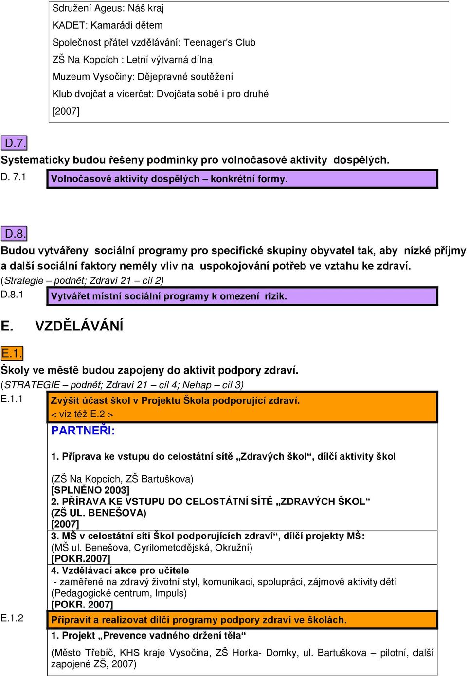 Budou vytvářeny sociální programy pro specifické skupiny obyvatel tak, aby nízké příjmy a další sociální faktory neměly vliv na uspokojování potřeb ve vztahu ke zdraví.