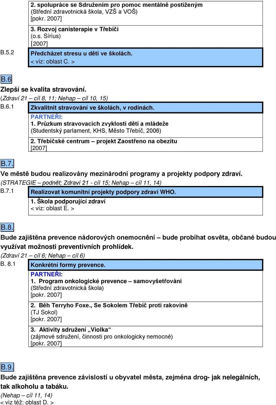 Třebíčské centrum projekt Zaostřeno na obezitu [2007] Ve městě budou realizovány mezinárodní programy a projekty podpory zdraví. (STRATEGIE podnět; Zdraví 21 - cíl 15; Nehap cíl 11, 14) B.7.1 Realizovat komunitní projekty podpory zdraví WHO.