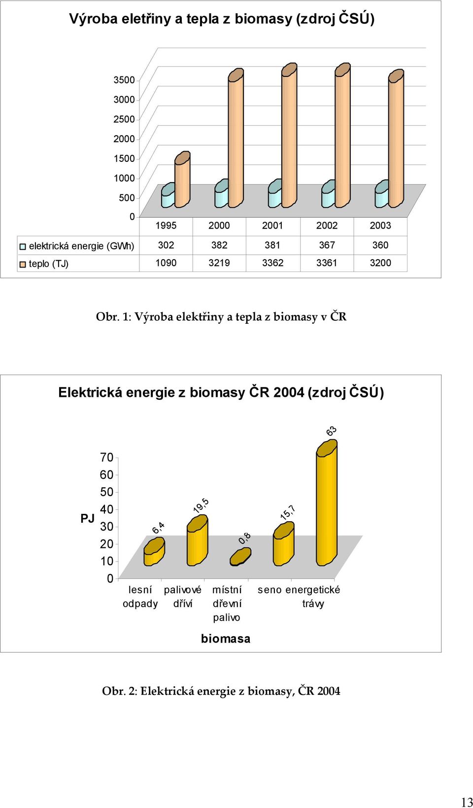 1: Výroba elektřiny a tepla z biomasy v ČR Elektrická energie z biomasy ČR 2004 (zdroj ČSÚ) PJ 70 60 50 40 30 20