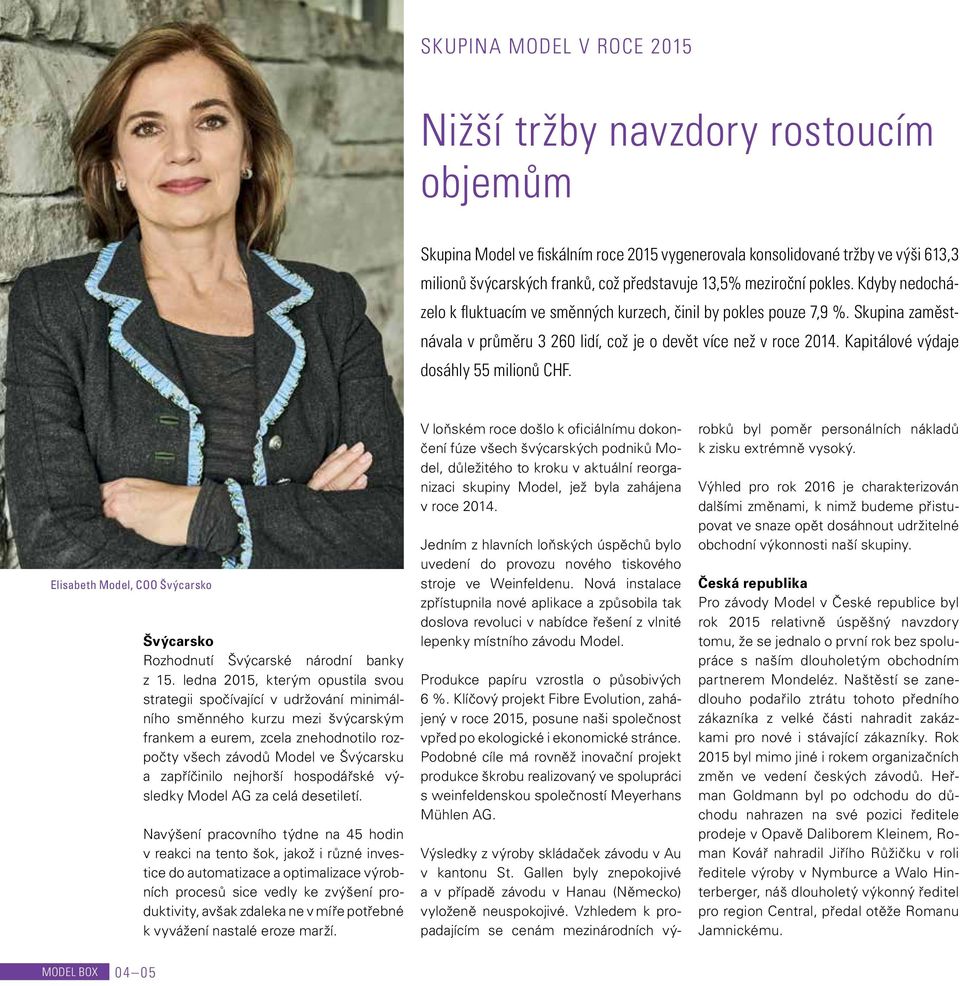 Kapitálové výdaje dosáhly 55 milionů CHF. Elisabeth Model, COO Švýcarsko Švýcarsko Rozhodnutí Švýcarské národní banky z 15.