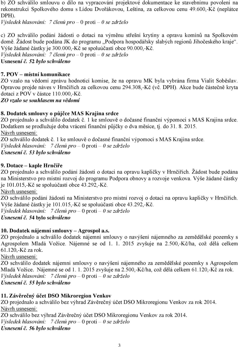 Výše žádané částky je 300.000,-Kč se spoluúčastí obce 90.000,-Kč. Usnesení č. 52 bylo schváleno 7.