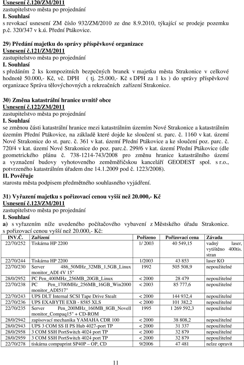 000,- Kč s DPH za 1 ks ) do správy příspěvkové organizace Správa tělovýchovných a rekreačních zařízení Strakonice. 30) Změna katastrální hranice uvnitř obce Usnesení č.