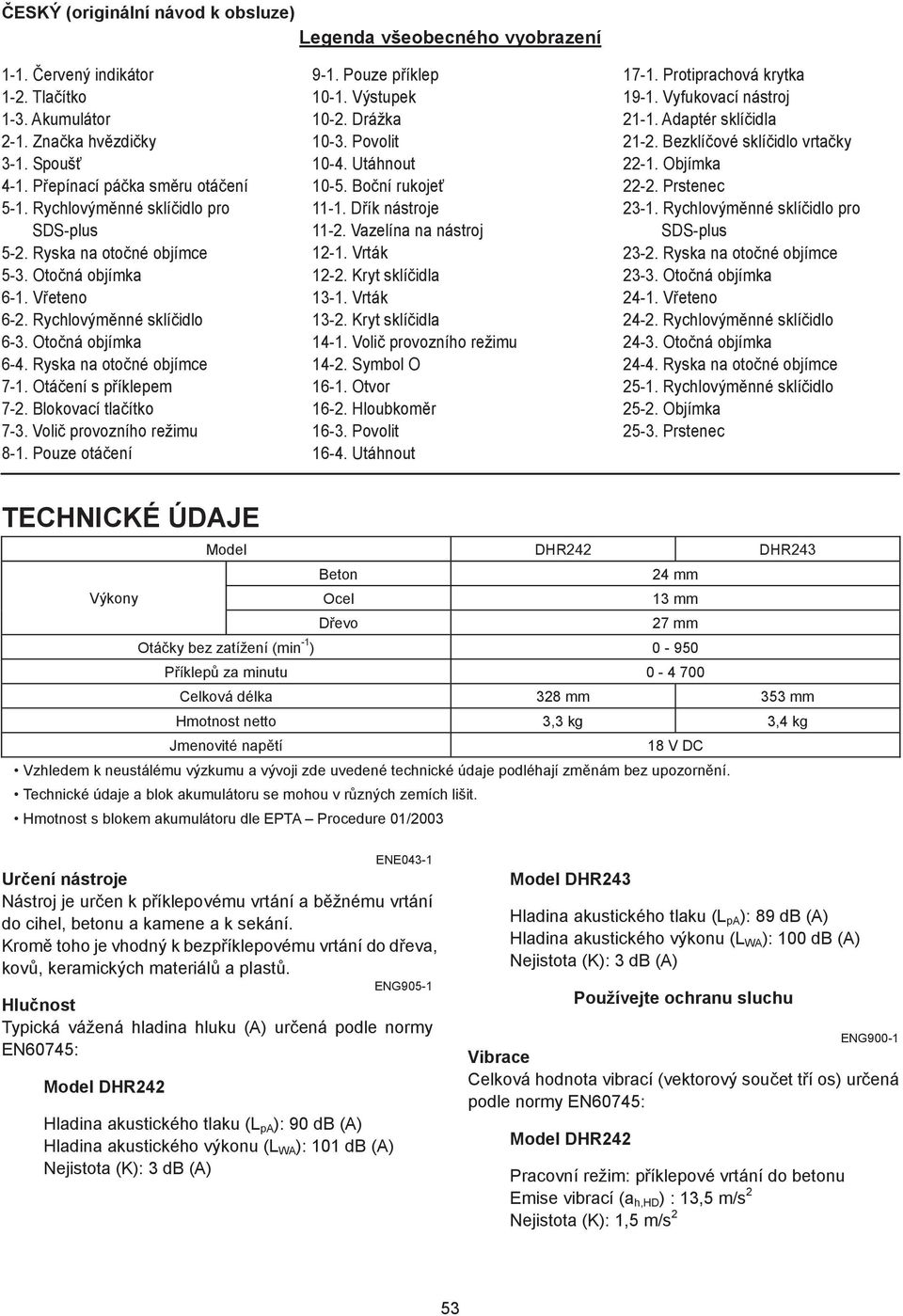 Blokovací tla ítko 7-. Voli provozního režimu 8-. Pouze otá ení 9-. Pouze p íklep 0-. Výstupek 0-. Drážka 0-. Povolit 0-4. Utáhnout 0-5. Bo ní rukoje -. D ík nástroje -. Vazelína na nástroj -.