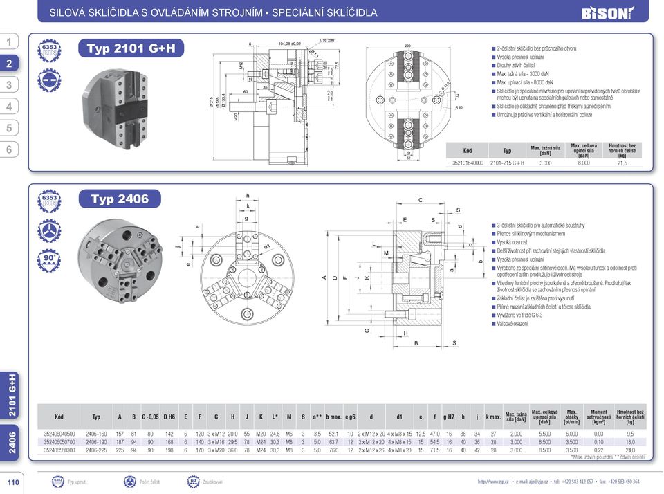 třískami a znečistěním Umožnuje práci ve vertikální a horizontální poloze ax. tažná síla ax. celková Hmotnost bez Kód Typ [dan] upíncí síla horních čelistí [dan] [kg] 00000 0- G+H.000 8.
