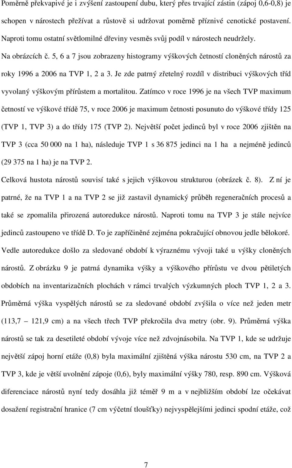 5, 6 a 7 jsou zobrazeny histogramy výškových četností cloněných nárostů za roky 1996 a 2006 na TVP 1, 2 a 3.