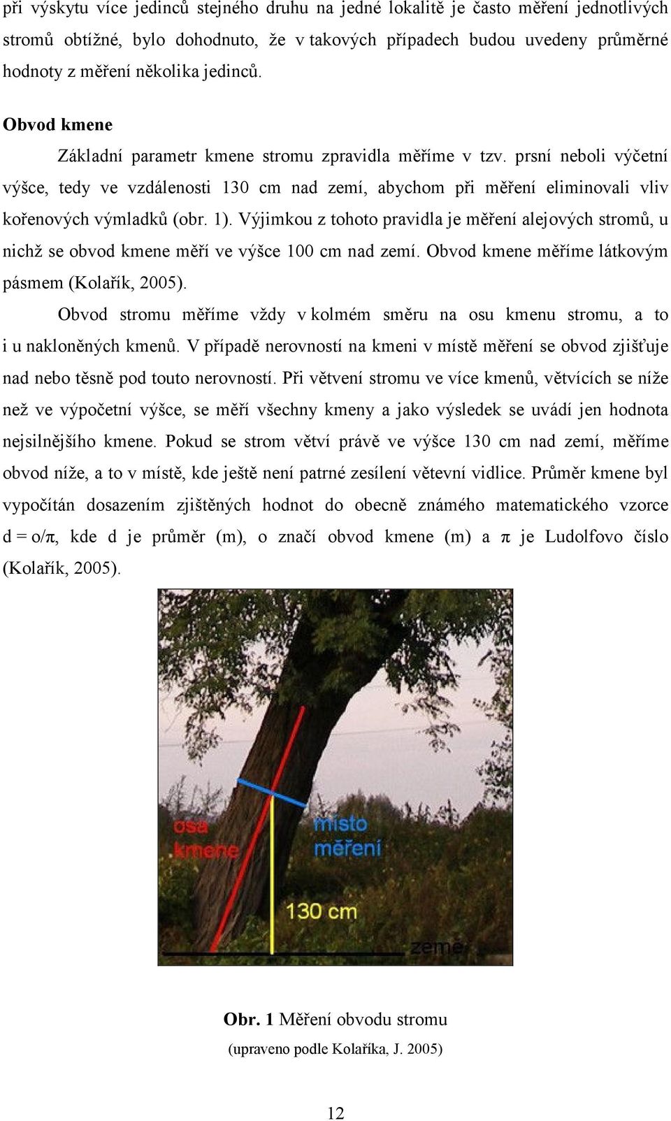 Výjimkou z tohoto pravidla je měření alejových stromů, u nichž se obvod kmene měří ve výšce 100 cm nad zemí. Obvod kmene měříme látkovým pásmem (Kolařík, 2005).